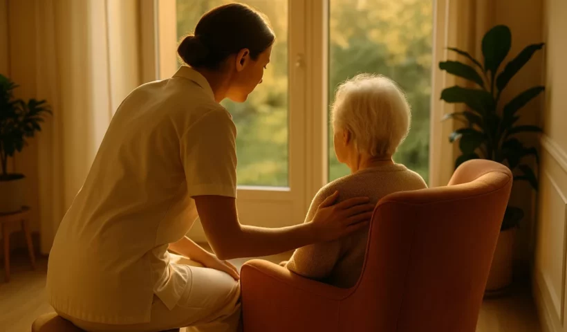 Une soignante accompagne une residente agee dans le salon d un EHPAD
