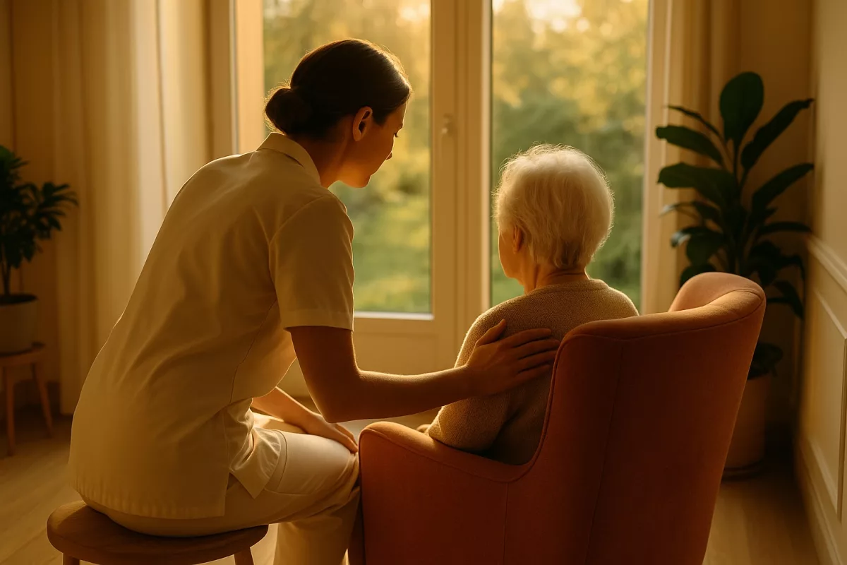 Une soignante accompagne une residente agee dans le salon d un EHPAD