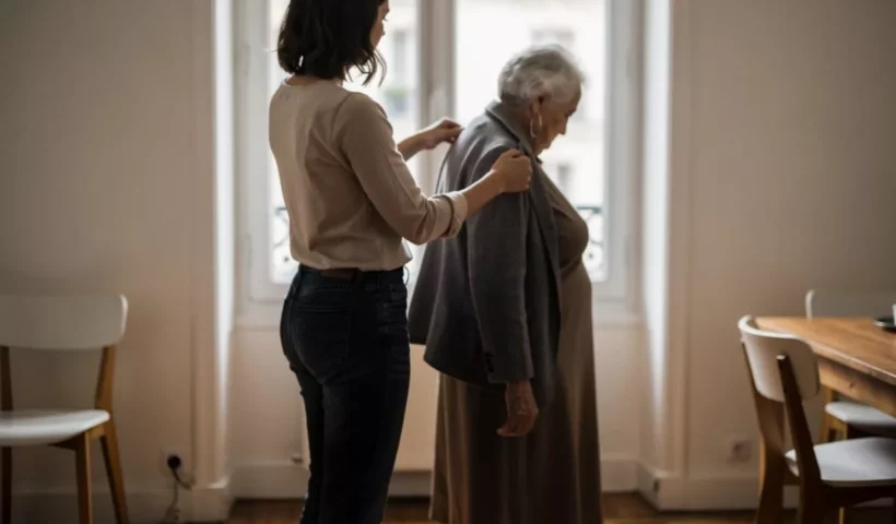 Fille aidant sa mère âgée à enfiler son manteau