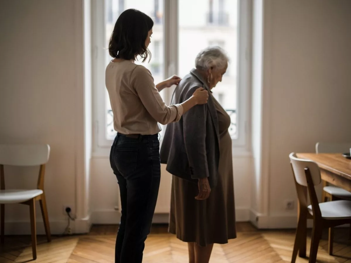 Fille aidant sa mère âgée à enfiler son manteau
