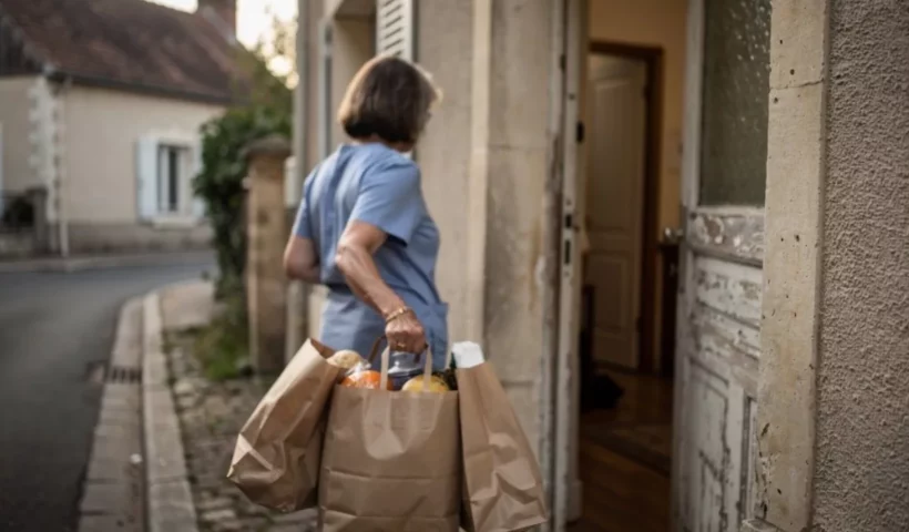 Aide à domicile apportant les courses