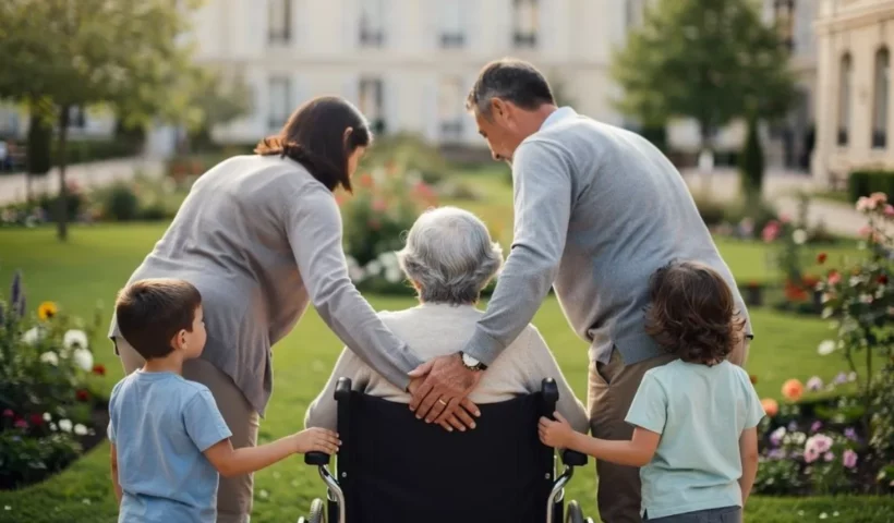Famille en visite auprès d'un proche dans le jardin d'un EHPAD