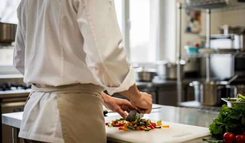Cuisinier préparant des légumes en cuisine collective