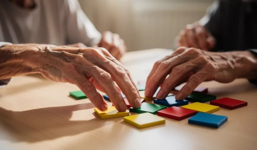 Atelier de stimulation cognitive avec des pièces colorées