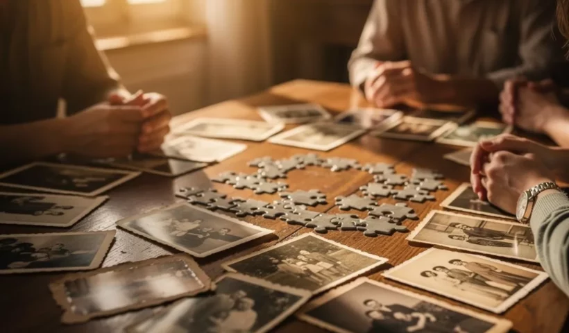 Photos de famille anciennes et puzzle sur une table