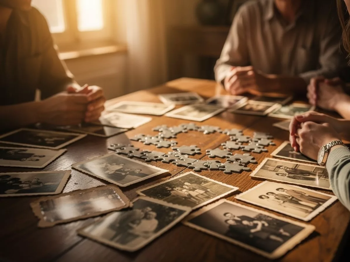 Photos de famille anciennes et puzzle sur une table