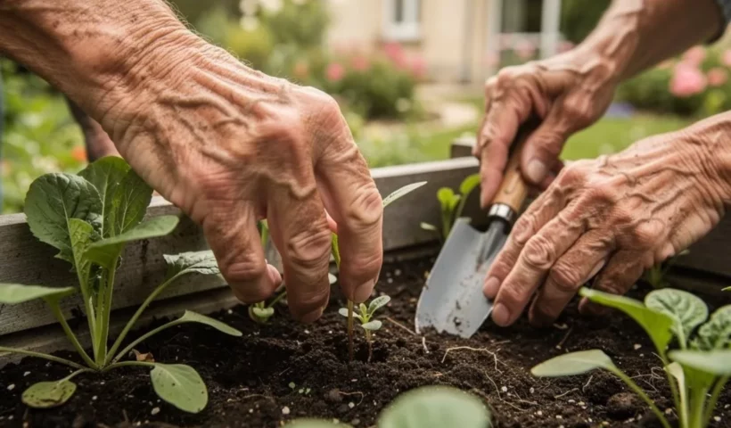 Mains de résidents jardinant en bac surélevé