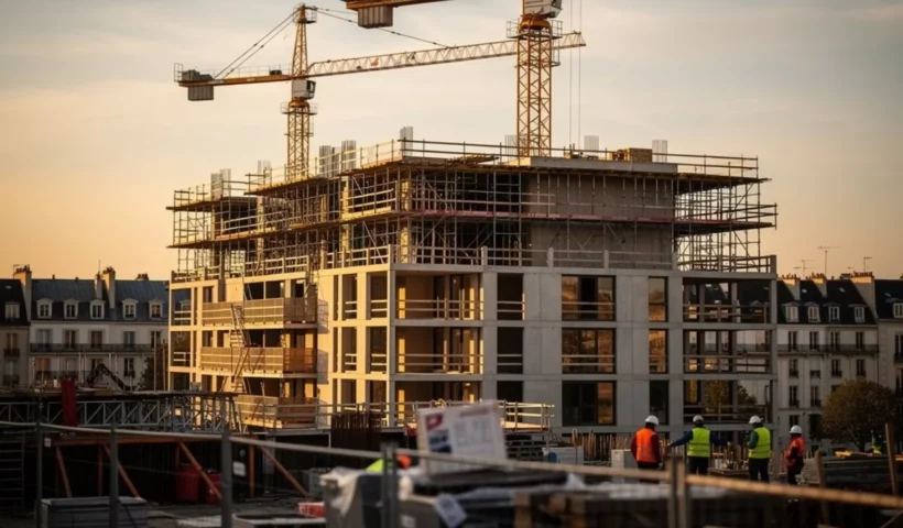 Chantier d'une nouvelle résidence au coucher du soleil