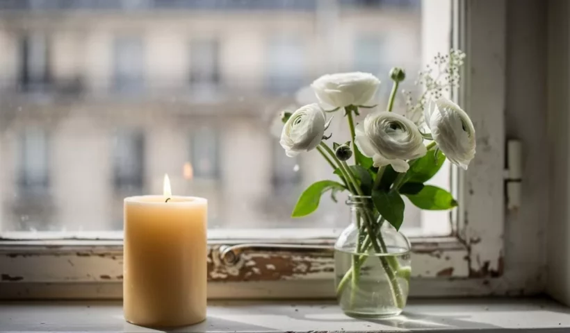 Bougie et fleurs blanches sur un rebord de fenêtre