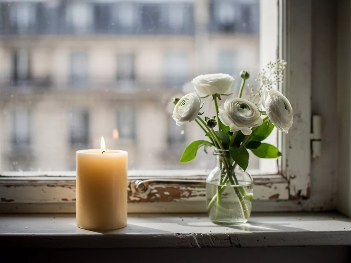 Bougie et fleurs blanches sur un rebord de fenêtre