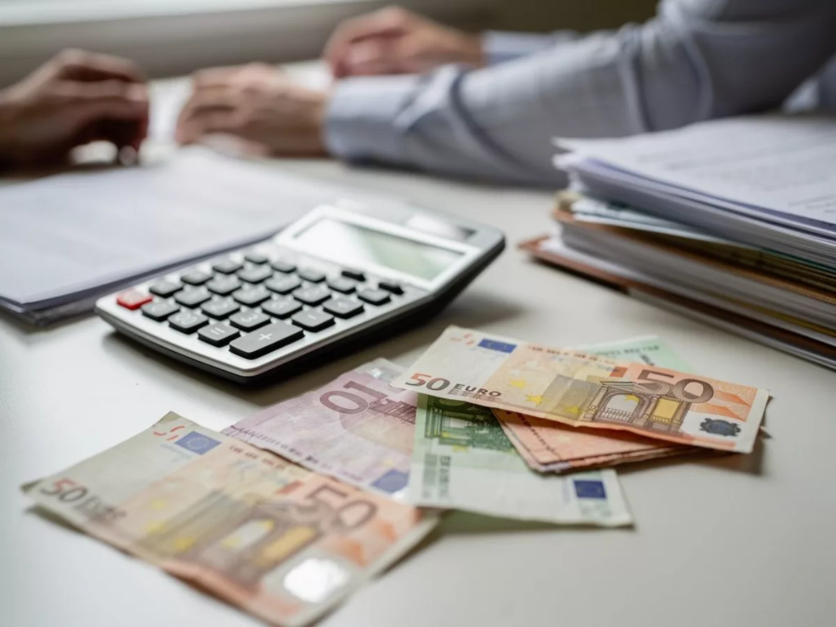 Calculatrice, billets en euros et documents