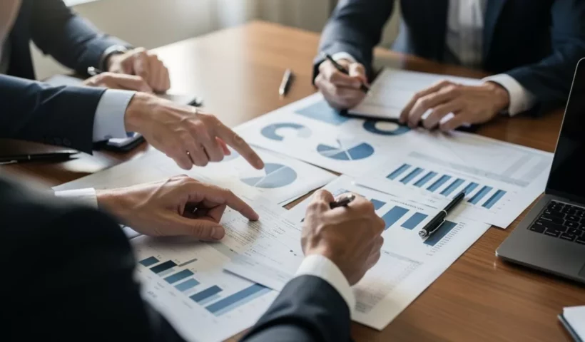 Réunion d'investissement autour de graphiques