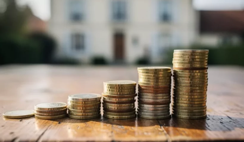 Piles de pièces croissantes devant une résidence