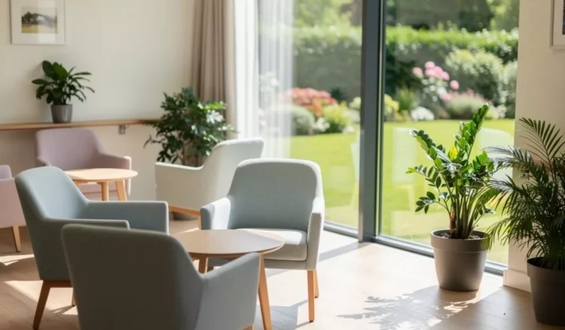 Salon lumineux d'une résidence pour personnes âgées ouvert sur le jardin