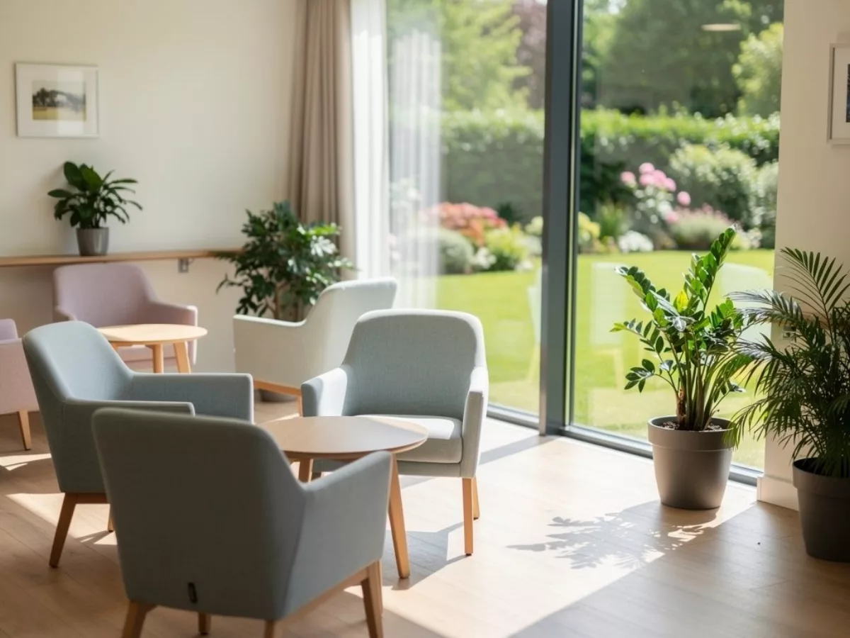 Salon lumineux d'une résidence pour personnes âgées ouvert sur le jardin