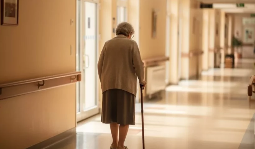 Résidente de dos marchant avec une canne dans un couloir ensoleillé