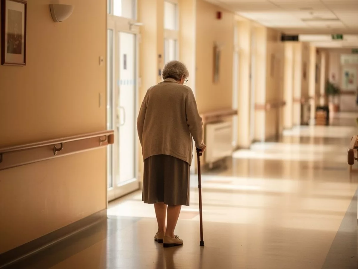 Résidente de dos marchant avec une canne dans un couloir ensoleillé