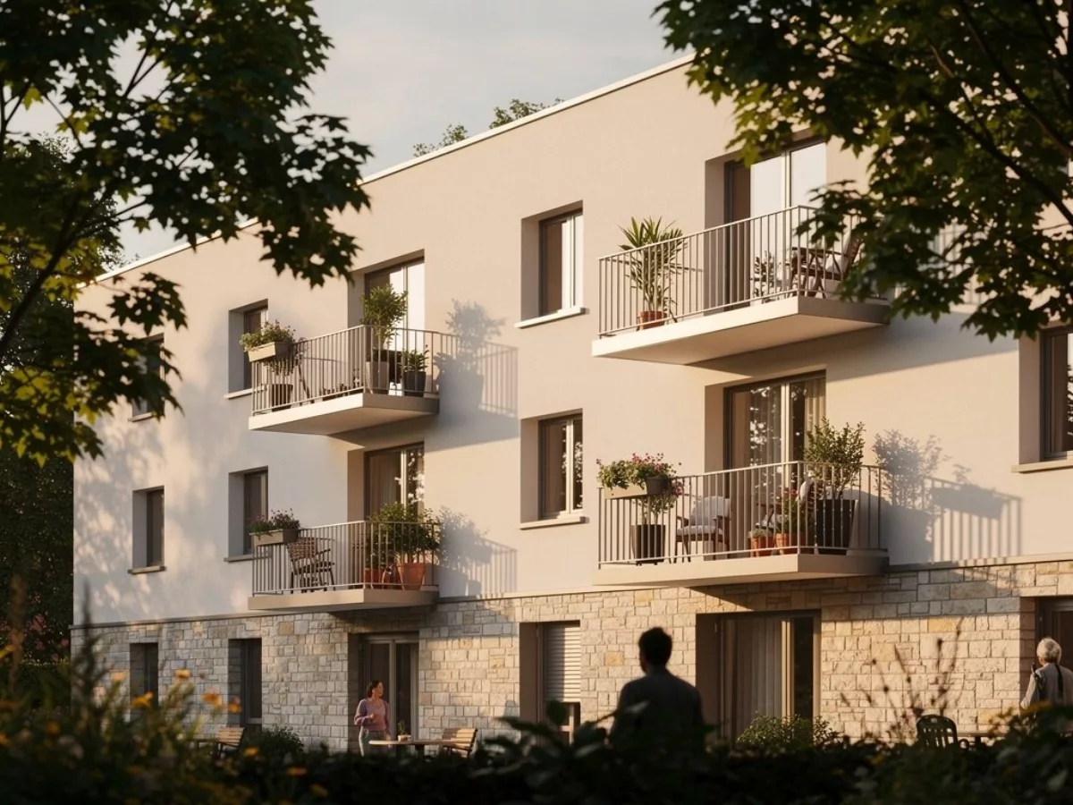 Façade d'une résidence seniors avec balcons et arbres