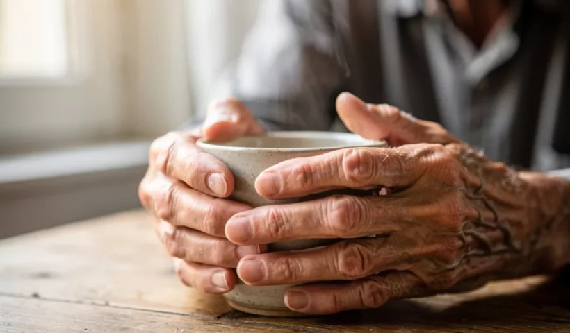 Mains d'une personne âgée autour d'une tasse de thé