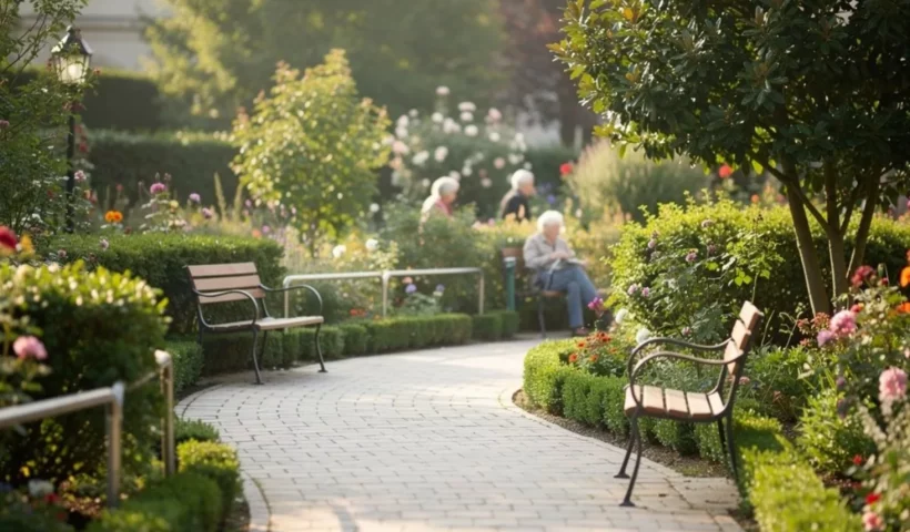 Allée fleurie du jardin d'une maison de retraite