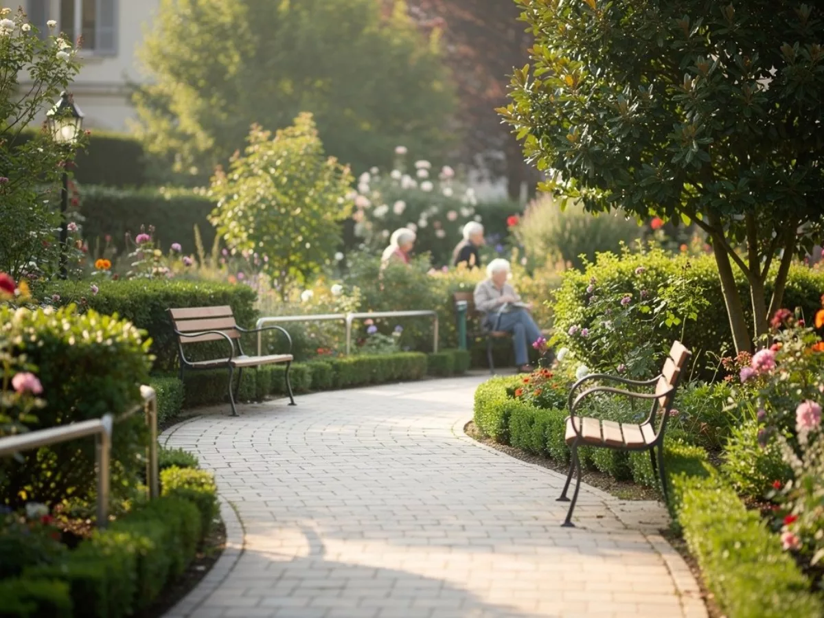 Allée fleurie du jardin d'une maison de retraite