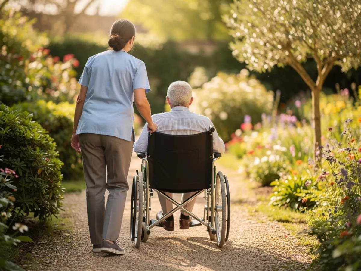 Soignante poussant un résident en fauteuil roulant dans le jardin