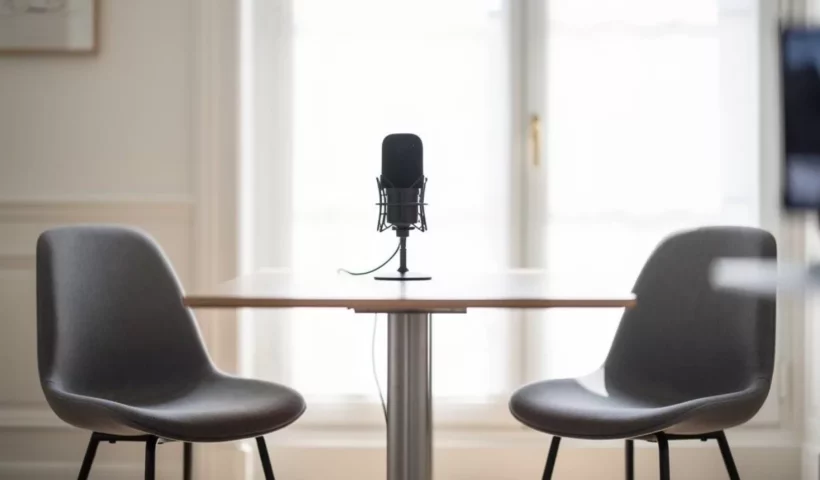 Deux chaises et un micro préparés pour une interview