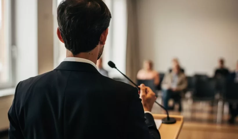 Orateur de dos au micro