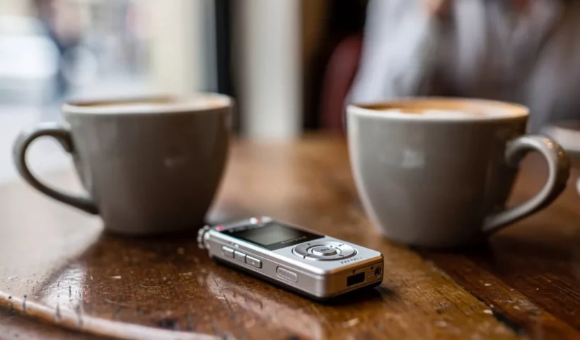Dictaphone entre deux tasses de café