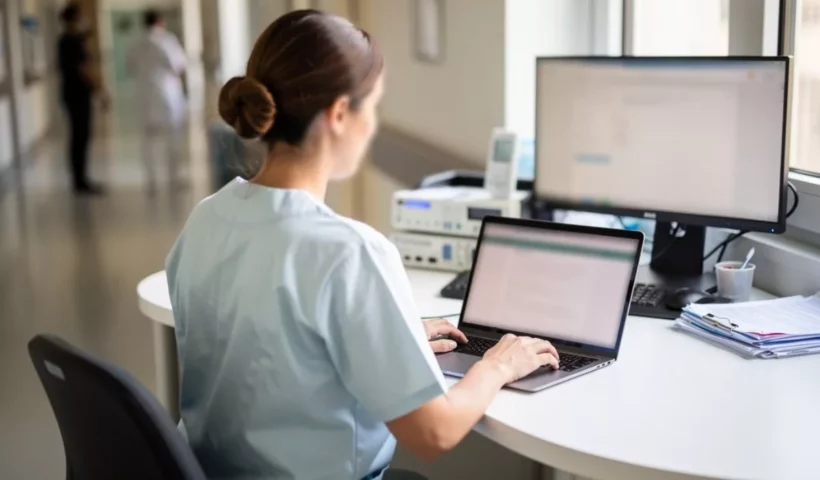 Soignante travaillant sur un ordinateur au poste de soins