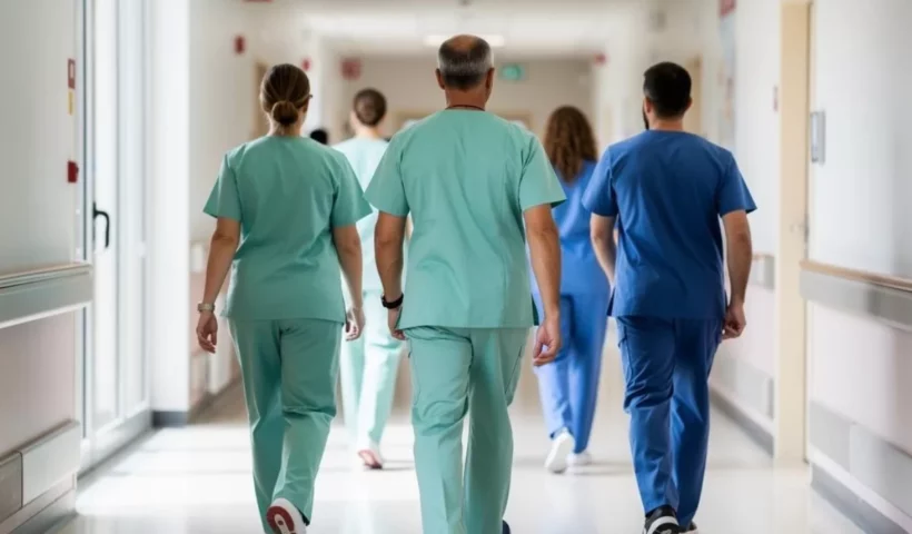 Équipe soignante de dos dans un couloir