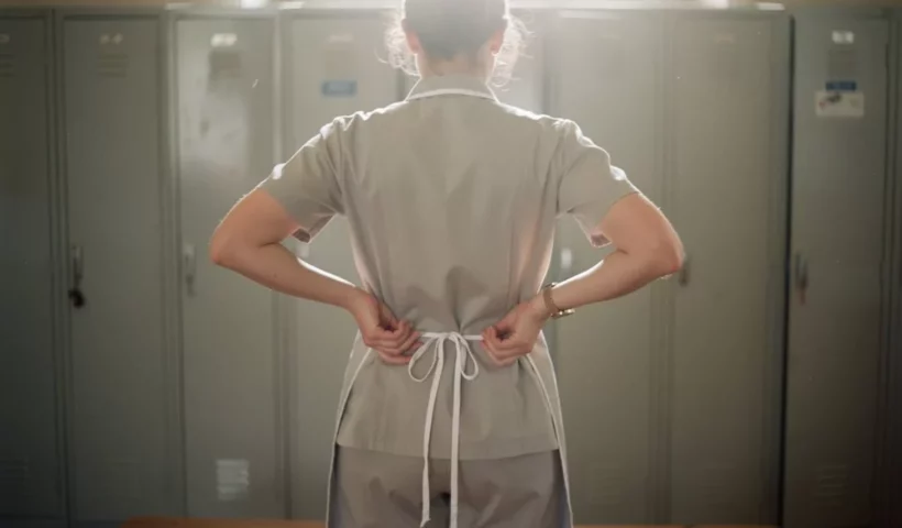 Soignante de dos nouant sa blouse au vestiaire