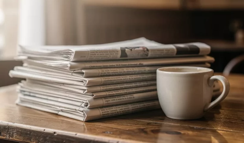 Journaux pliés et tasse de café