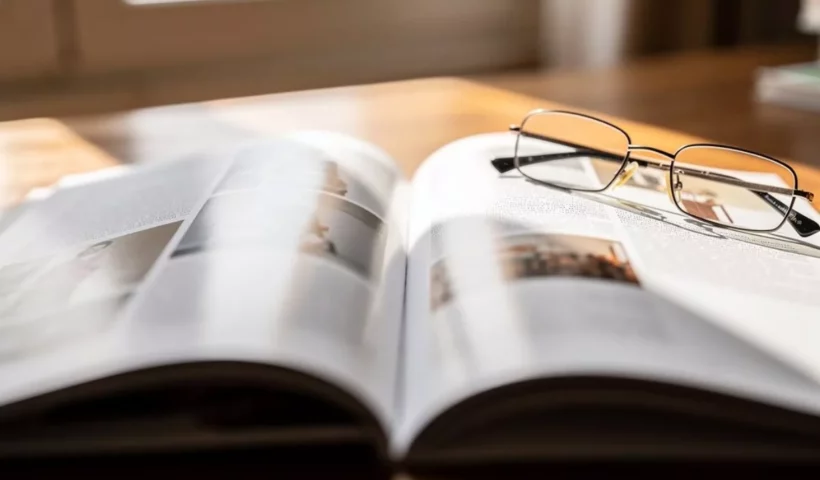 Magazine ouvert et lunettes de lecture