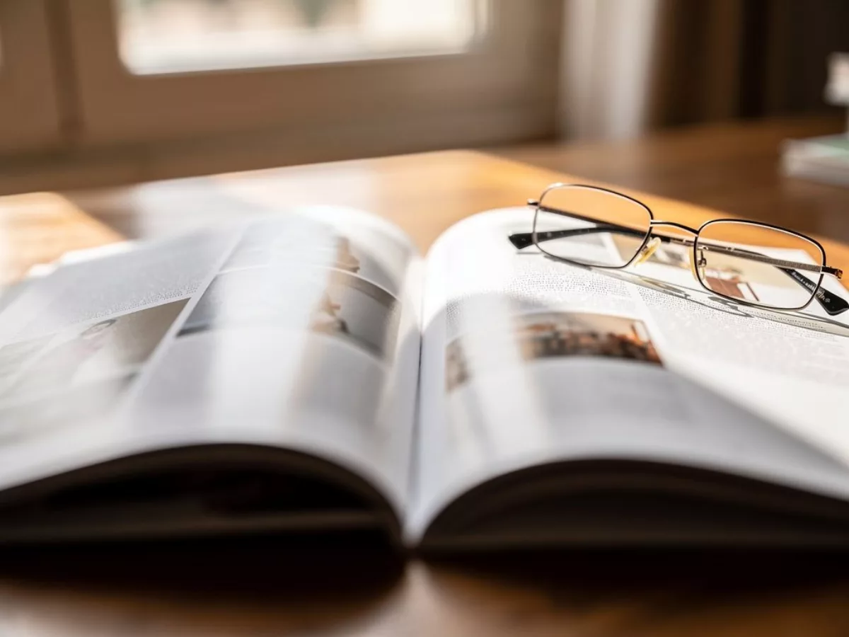 Magazine ouvert et lunettes de lecture