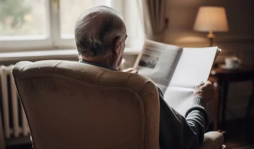 Résident de dos lisant le journal dans un fauteuil