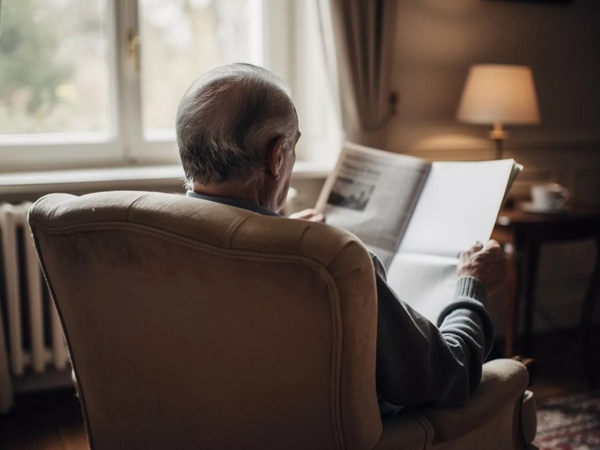 Résident de dos lisant le journal dans un fauteuil