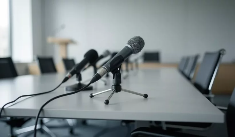 Micros sur une table de salle de presse