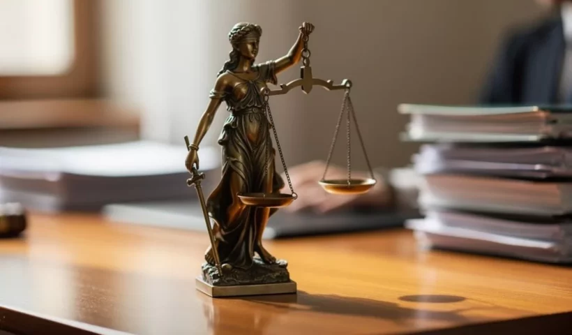 Statuette de la justice sur un bureau