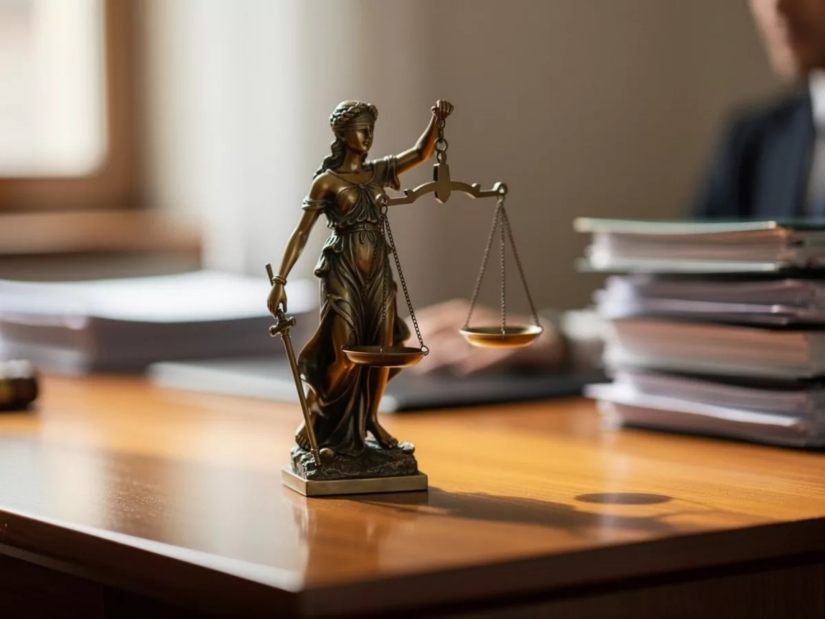 Statuette de la justice sur un bureau