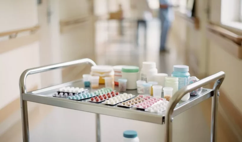 Chariot de médicaments dans le couloir d'un EHPAD