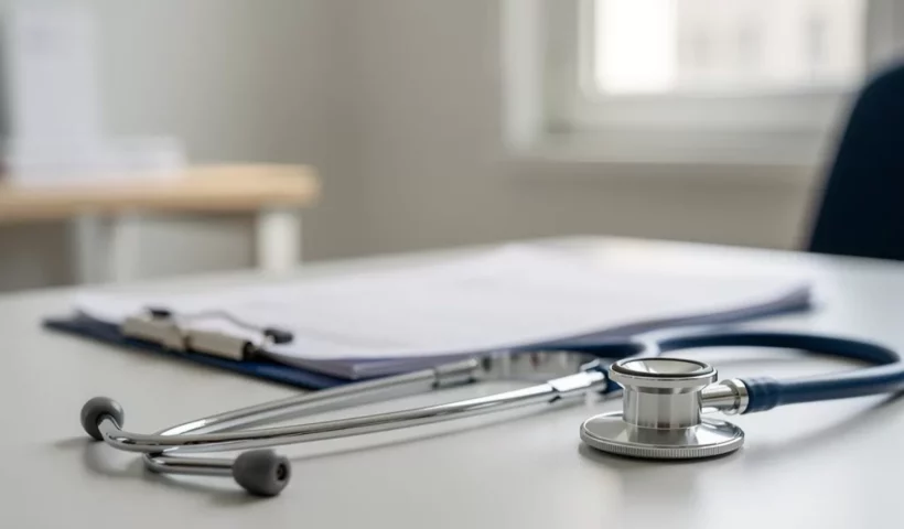 Stéthoscope et dossier médical sur un bureau