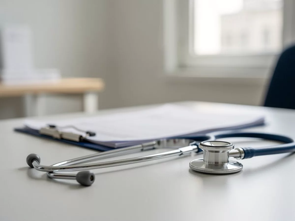 Stéthoscope et dossier médical sur un bureau