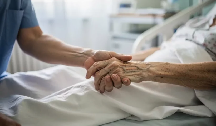 Soignante tenant la main d'une patiente alitée