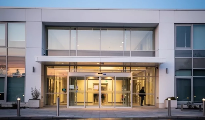 Entrée d'un hôpital au crépuscule