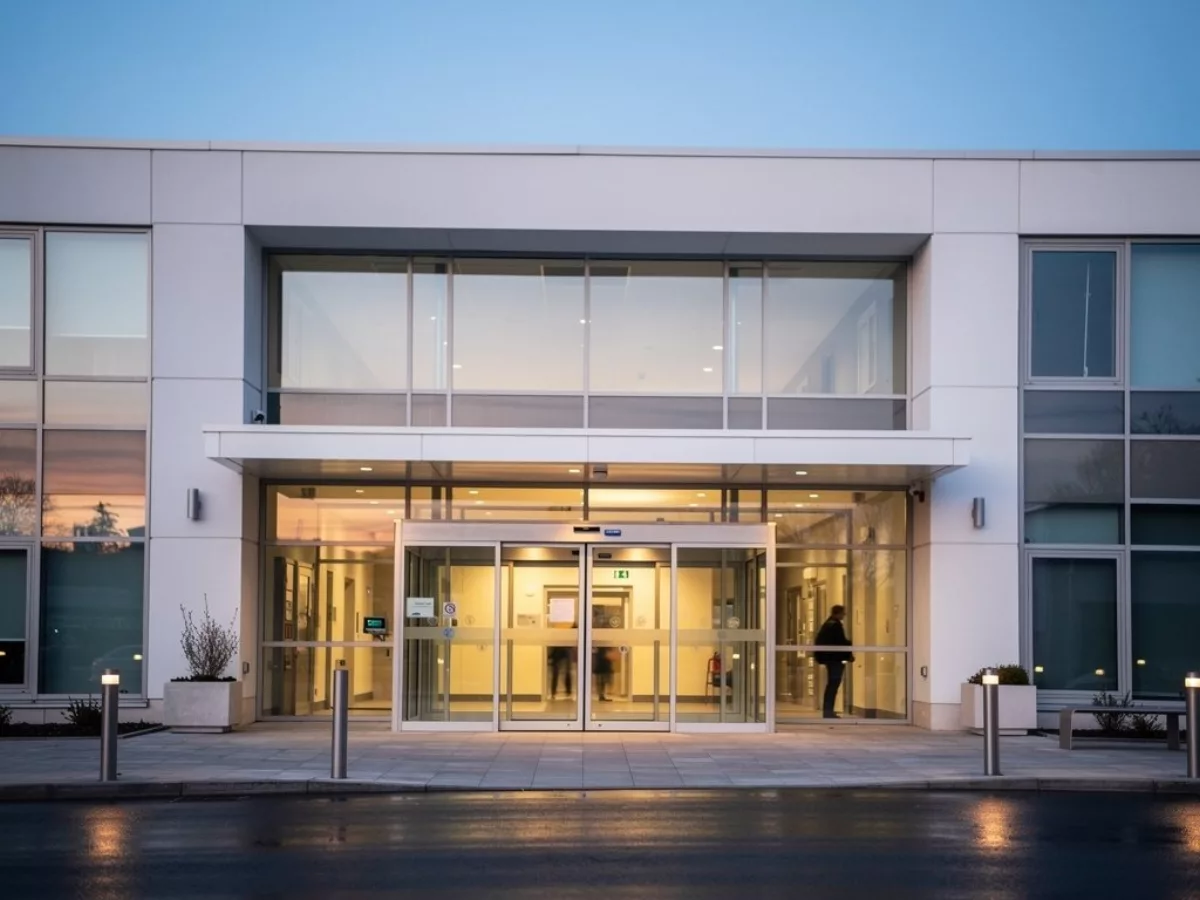 Entrée d'un hôpital au crépuscule